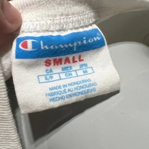 Champion White Spray Paint Logo Retro Crewneck T-shirt - Picture 3 of 4